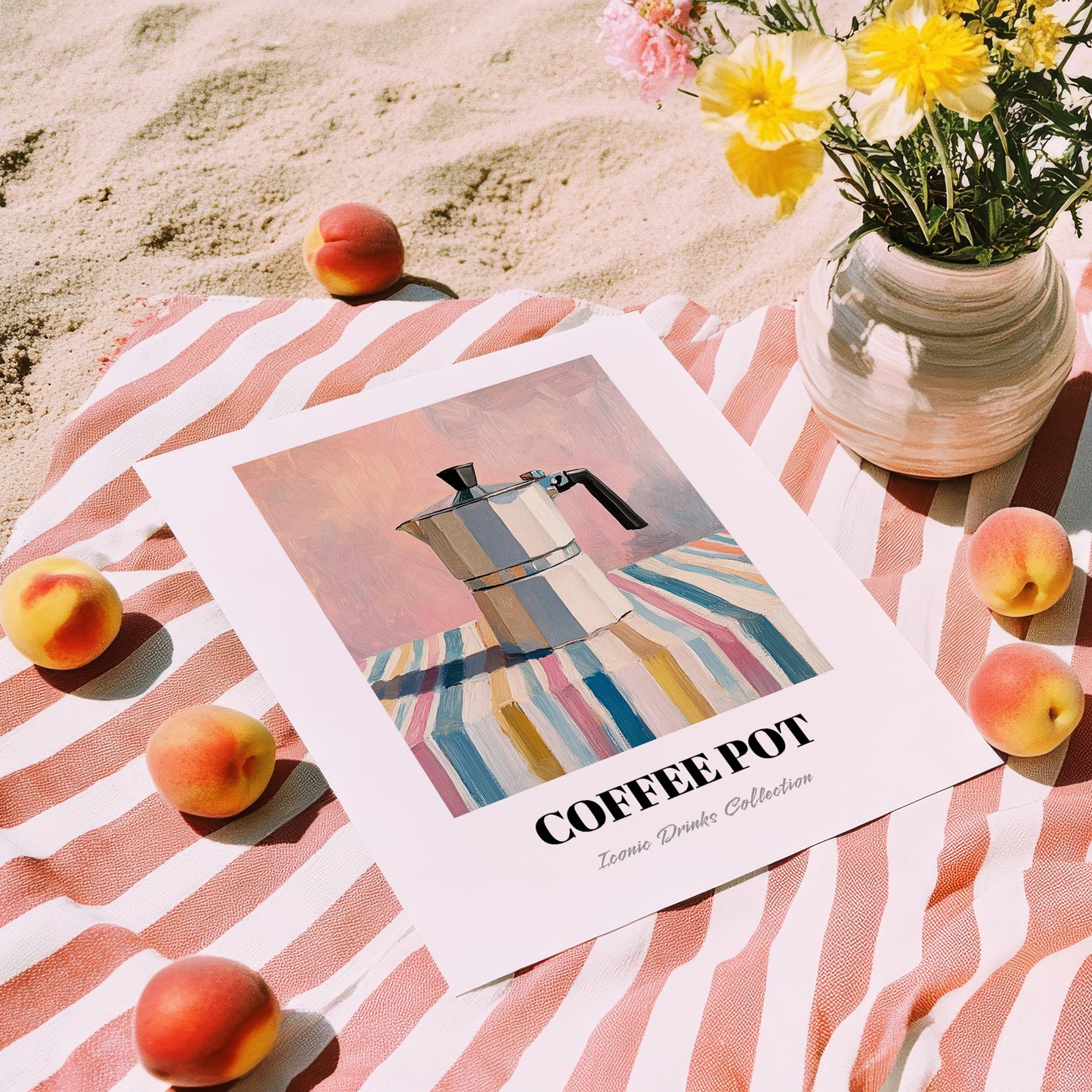 Coffee Pot – on Striped Tablecloth, Kitchen Utensils Wall Art, unframed on coastal sand