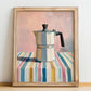 Coffee Pot – on Striped Tablecloth, Kitchen Utensils Wall Art, no-text version framed in wood