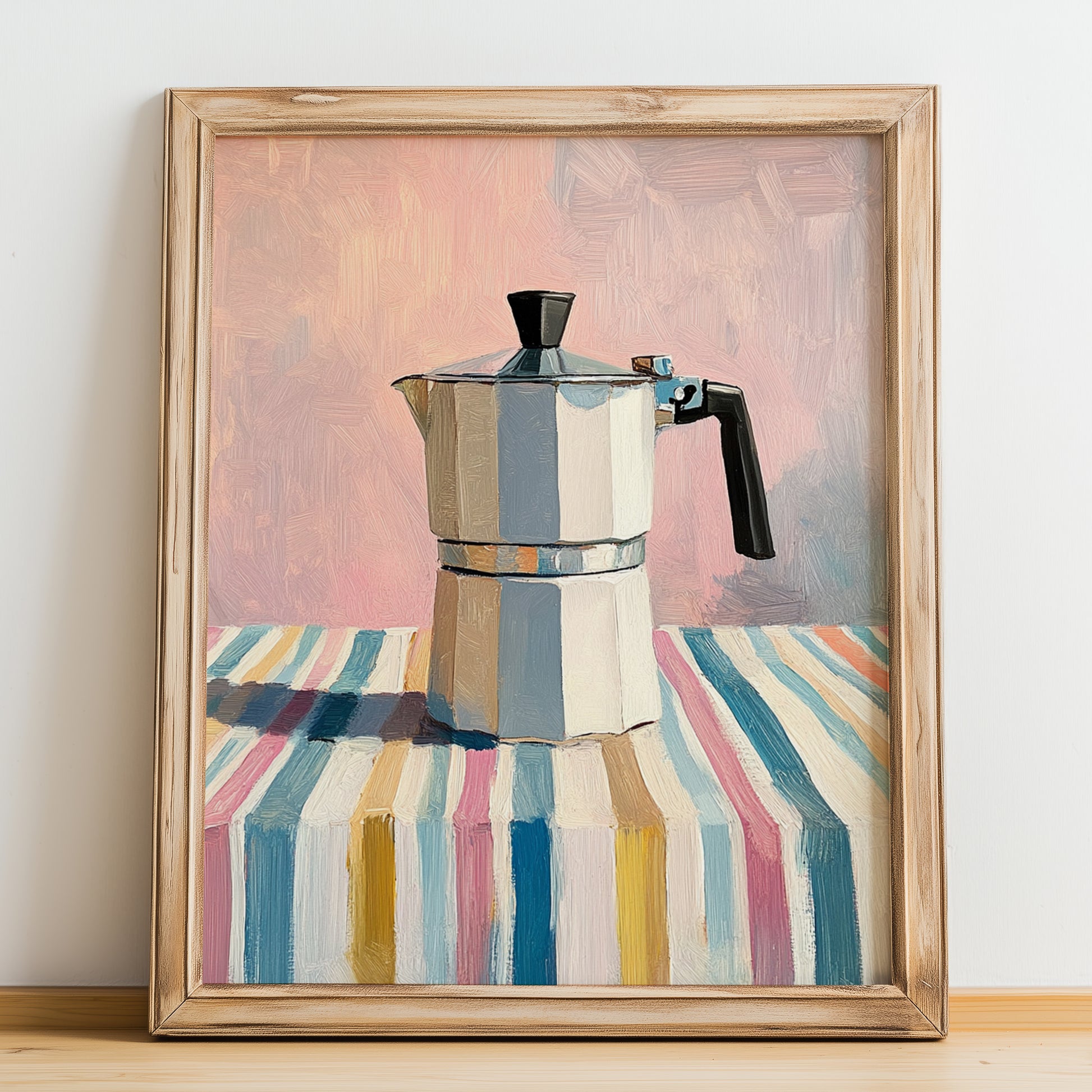 Coffee Pot – on Striped Tablecloth, Kitchen Utensils Wall Art, no-text version framed in wood