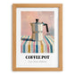 Coffee Pot – on Striped Tablecloth, Kitchen Utensils Wall Art, set in oak frame