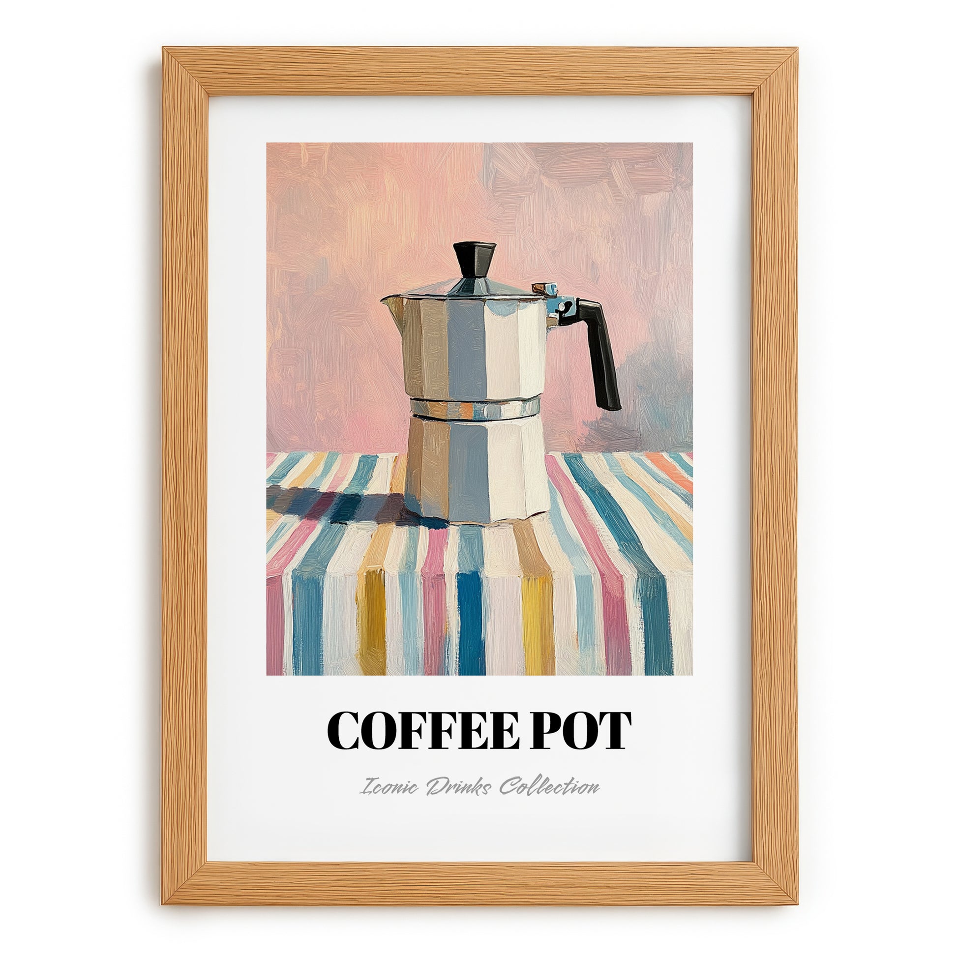Coffee Pot – on Striped Tablecloth, Kitchen Utensils Wall Art, set in oak frame