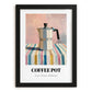 Coffee Pot – on Striped Tablecloth, Kitchen Utensils Wall Art, in sleek black frame