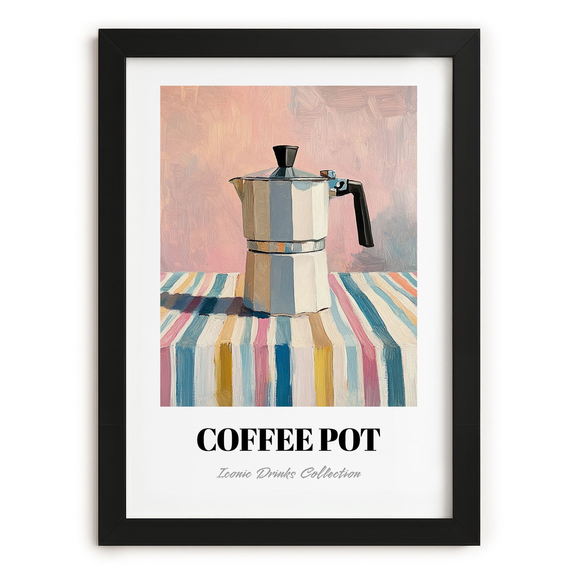Coffee Pot – on Striped Tablecloth, Kitchen Utensils Wall Art, in sleek black frame