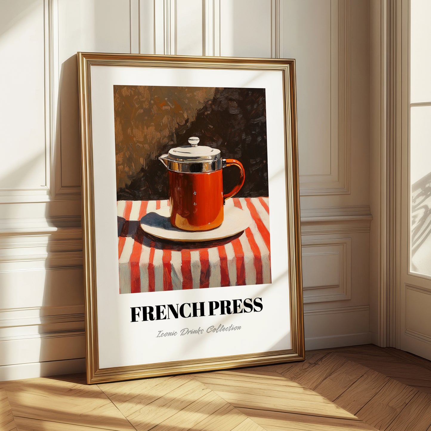 French Press – on Striped Tablecloth, Kitchen Utensils Print
