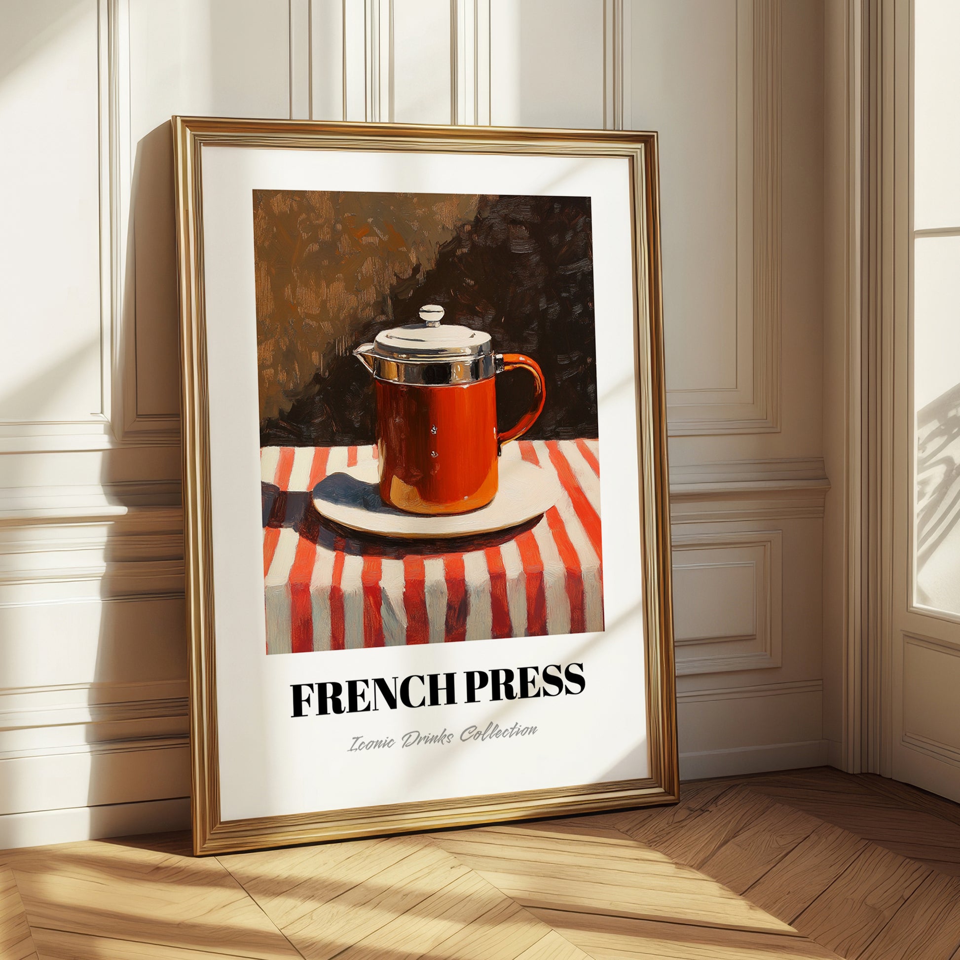 French Press – on Striped Tablecloth, Kitchen Utensils Print