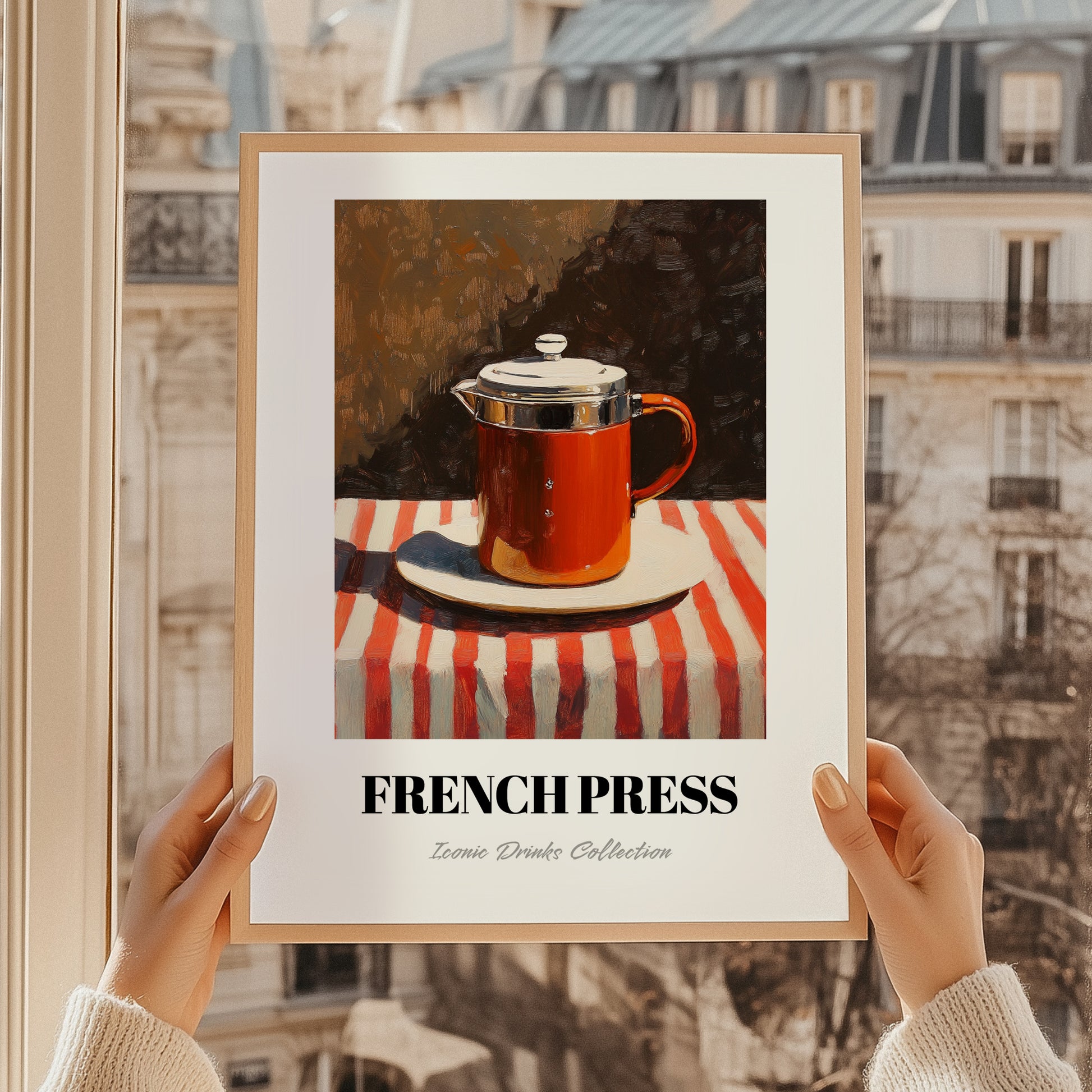 French Press – on Striped Tablecloth, Kitchen Utensils Print, styled in a charming Paris street view