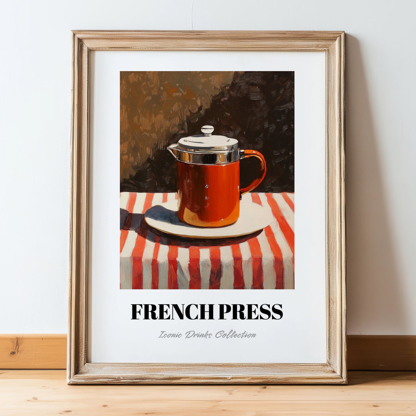 French Press – on Striped Tablecloth, Kitchen Utensils Print, in wooden frame leaning on the floor