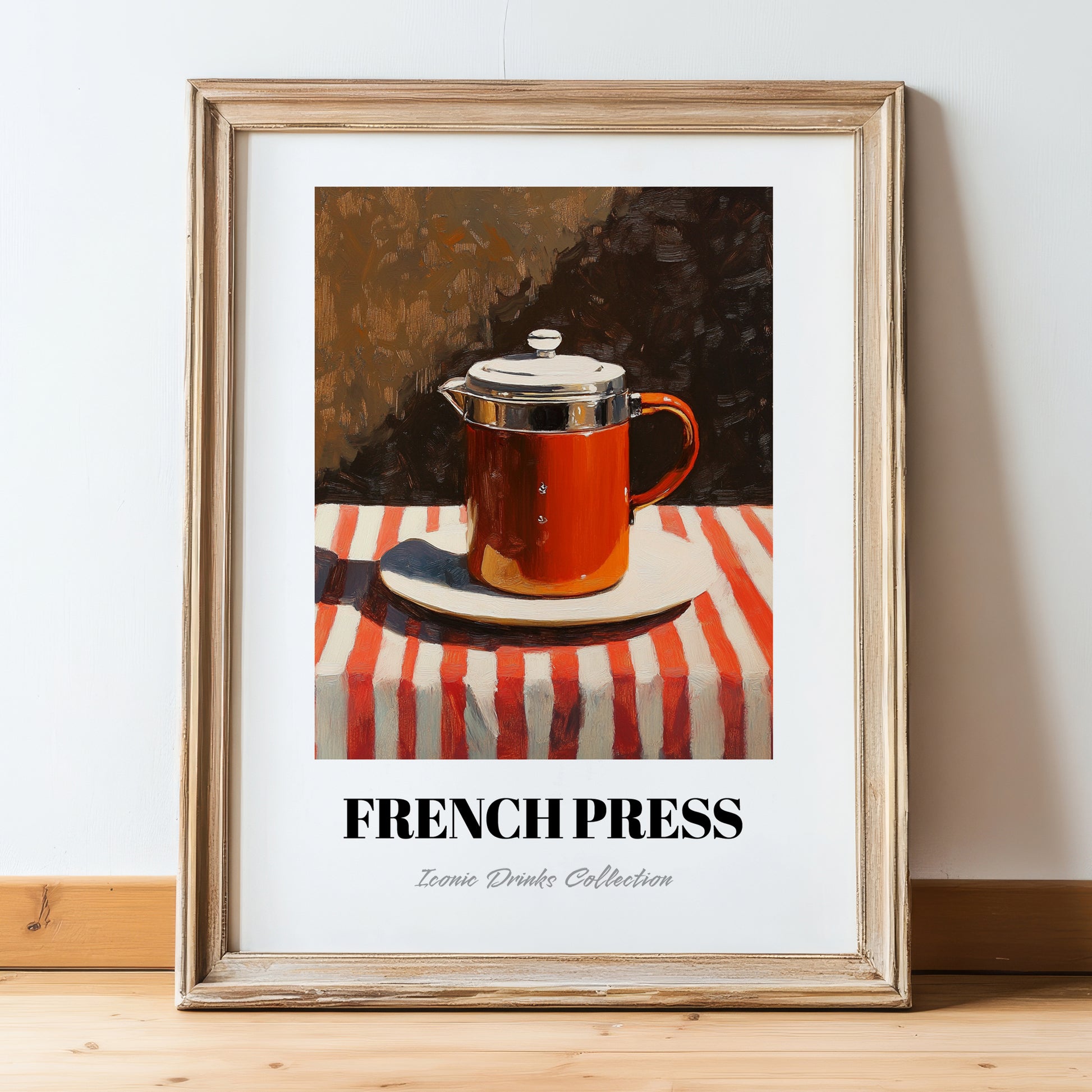 French Press – on Striped Tablecloth, Kitchen Utensils Print, in wooden frame leaning on the floor