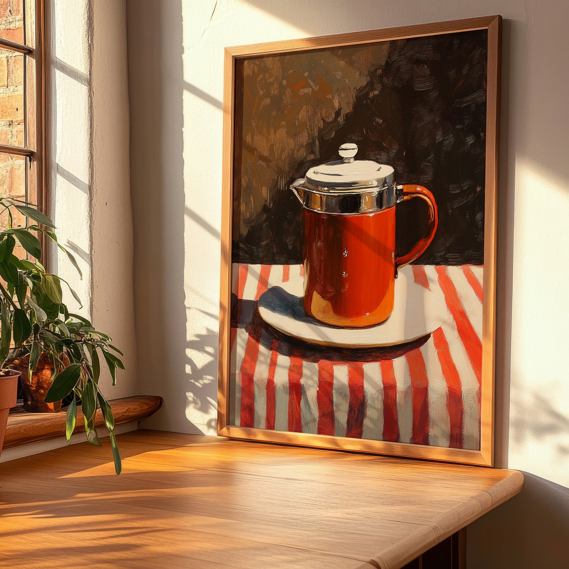 French Press – on Striped Tablecloth, Kitchen Utensils Print, clean layout with no caption