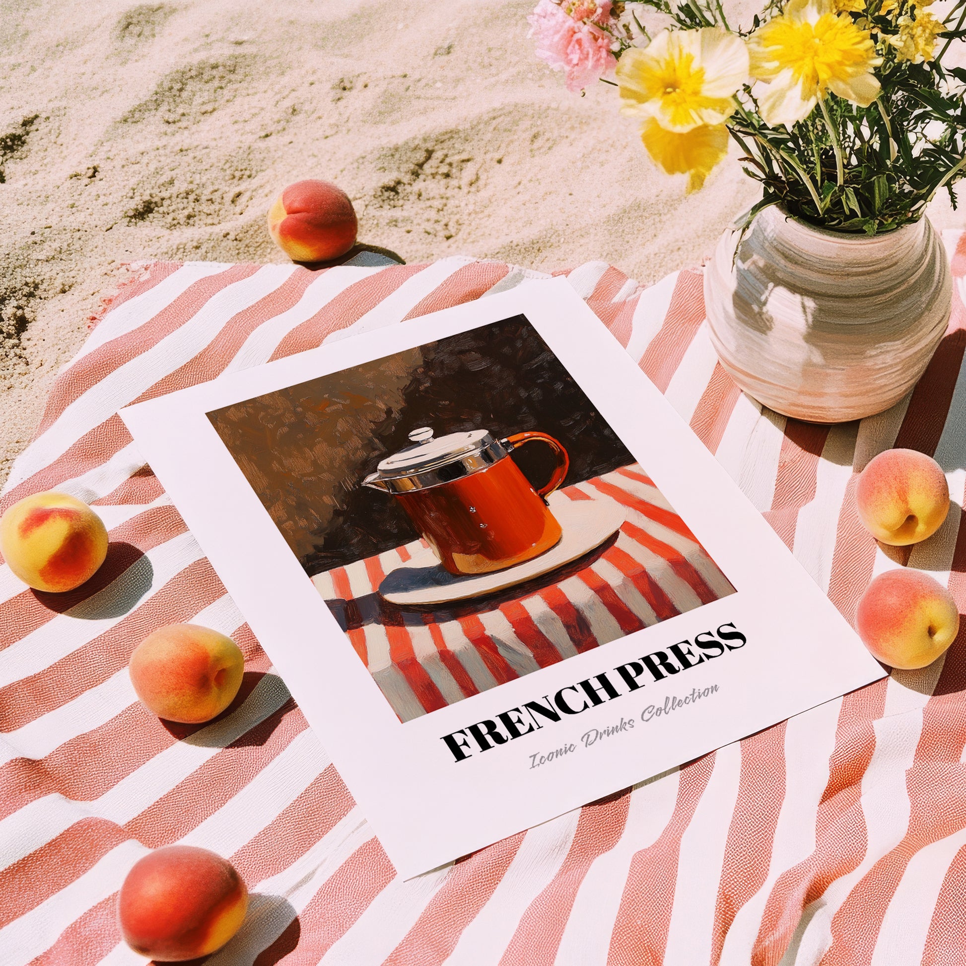 French Press – on Striped Tablecloth, Kitchen Utensils Print, unframed on coastal sand