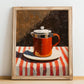 French Press – on Striped Tablecloth, Kitchen Utensils Print, no-text version framed in wood