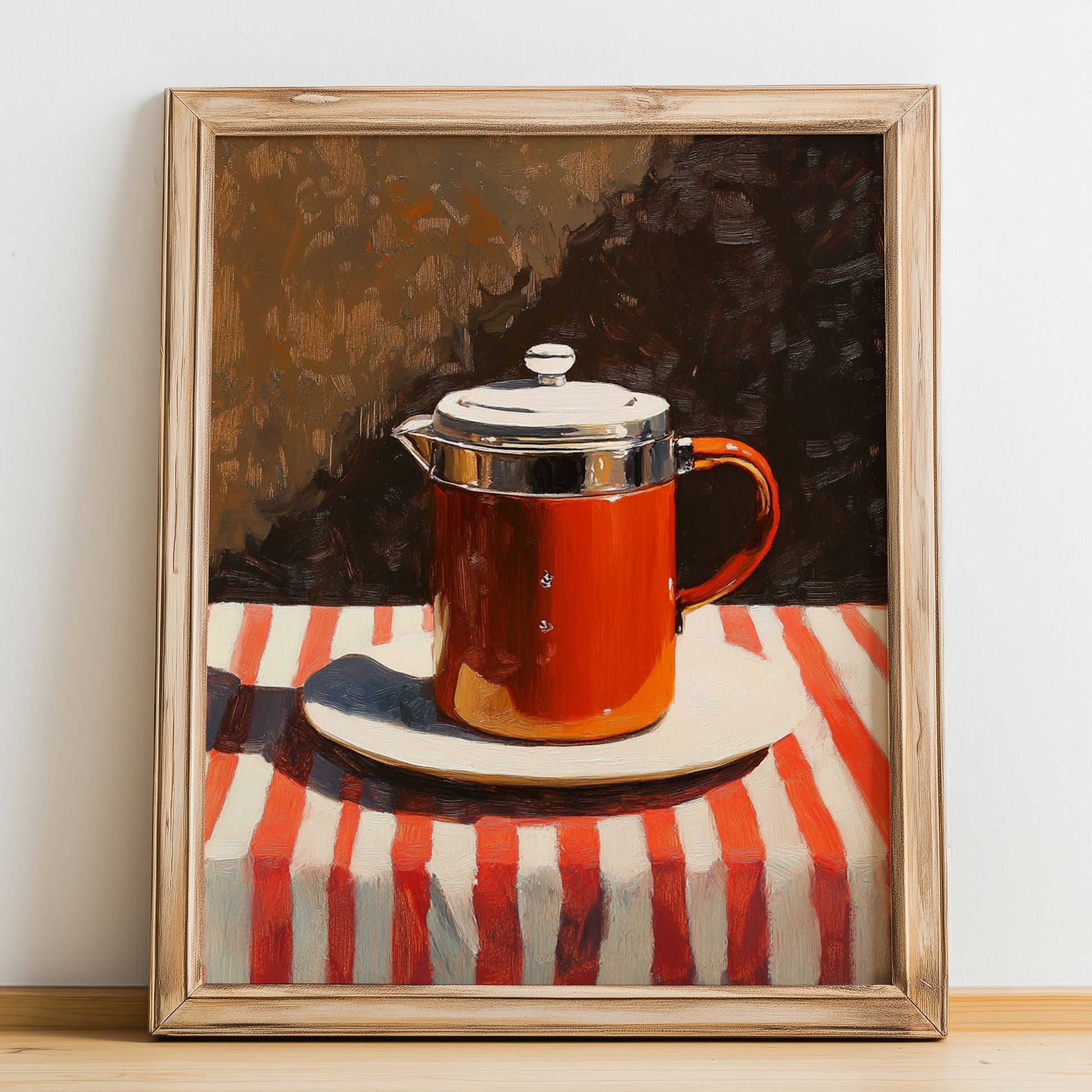 French Press – on Striped Tablecloth, Kitchen Utensils Print, no-text version framed in wood