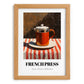 French Press – on Striped Tablecloth, Kitchen Utensils Print, set in oak frame