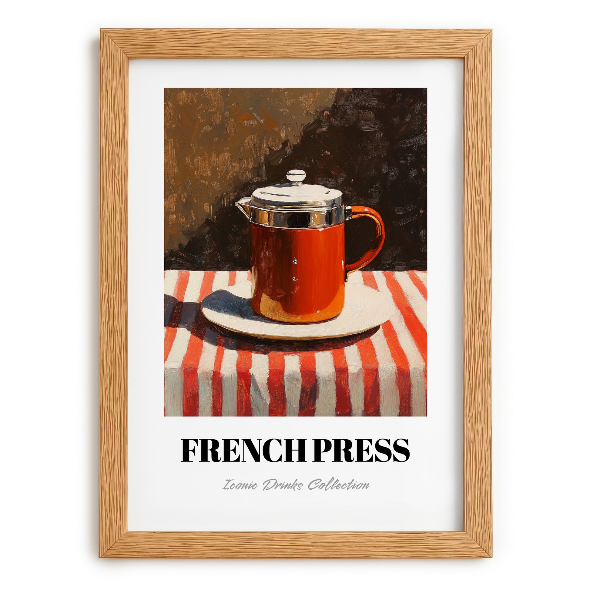 French Press – on Striped Tablecloth, Kitchen Utensils Print, set in oak frame