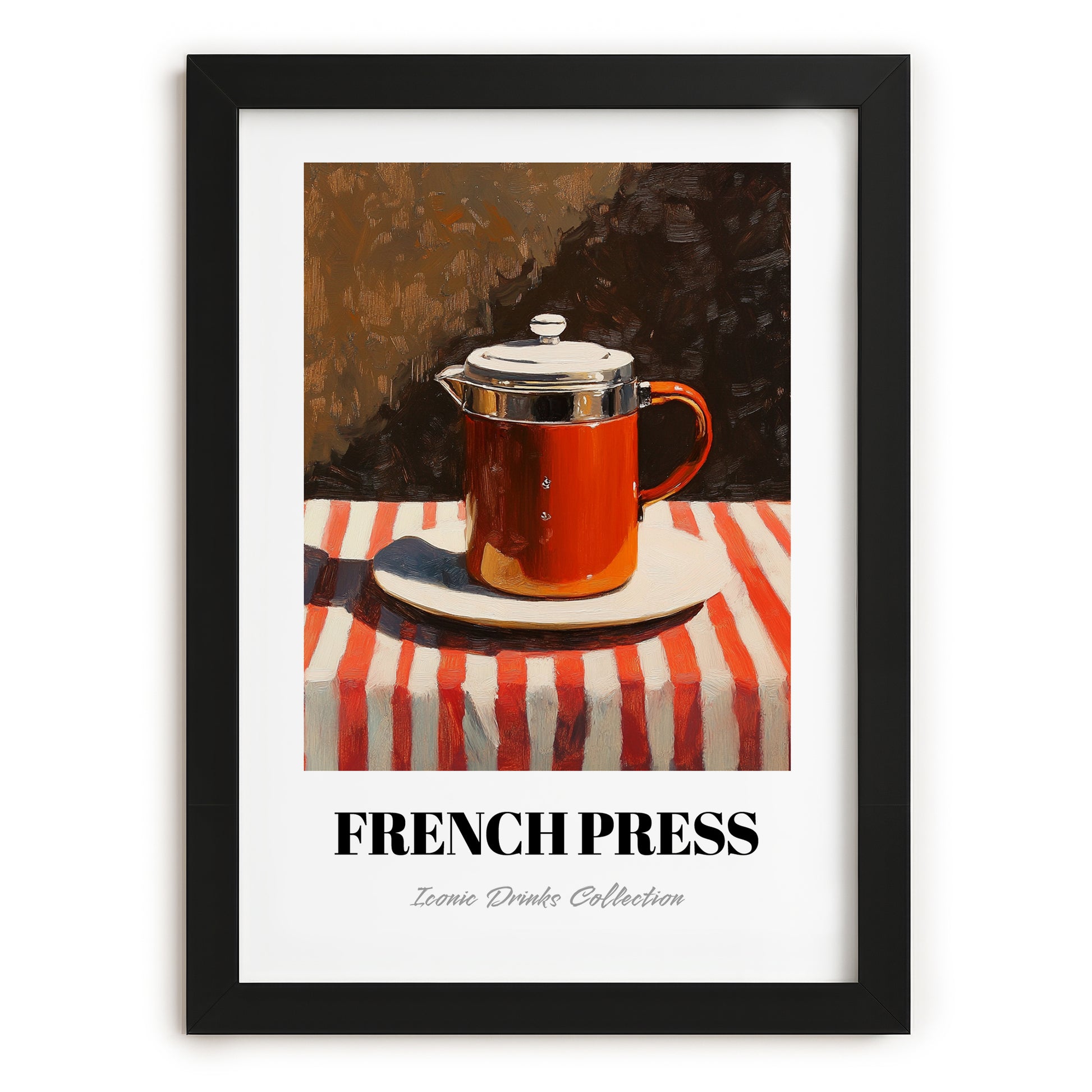 French Press – on Striped Tablecloth, Kitchen Utensils Print, in sleek black frame
