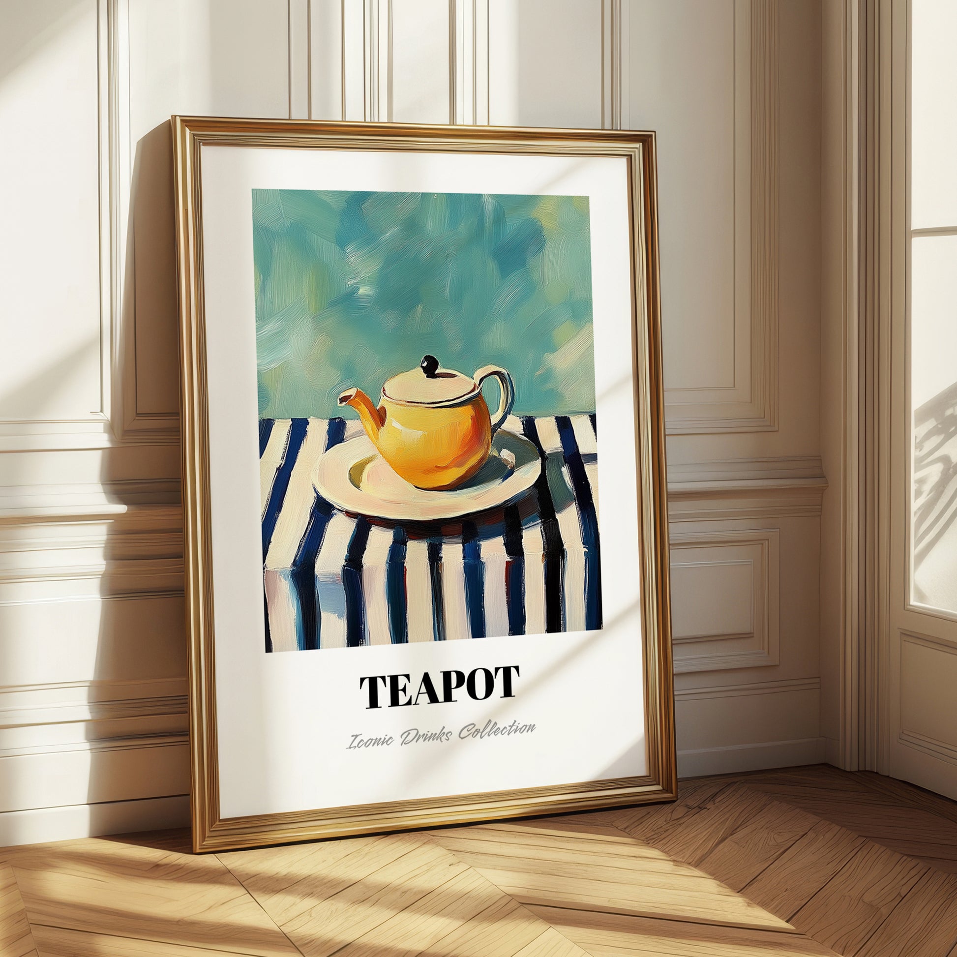 Teapot – on Striped Tablecloth, Kitchen Utensils Painting