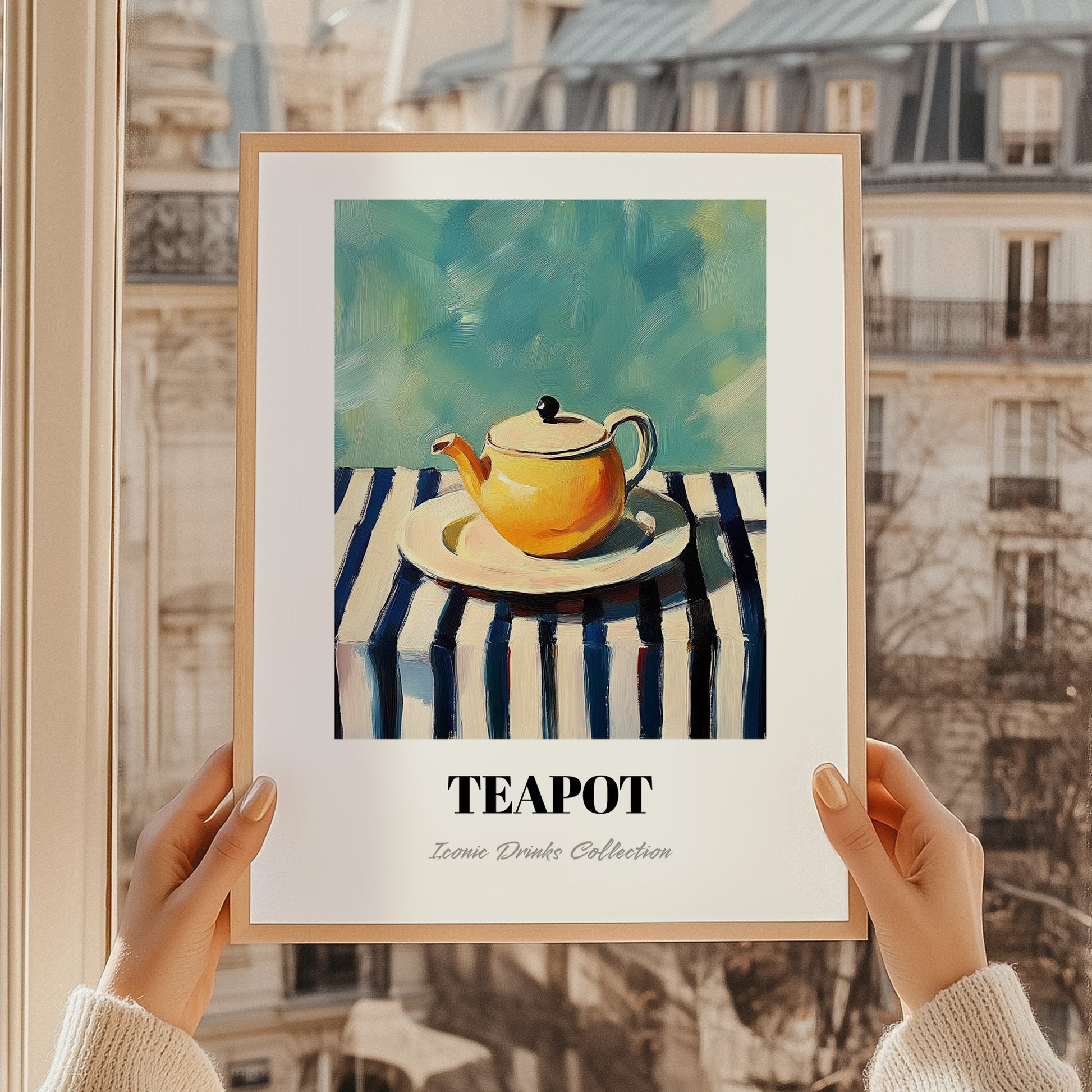 Teapot – on Striped Tablecloth, Kitchen Utensils Painting, styled in a charming Paris street view
