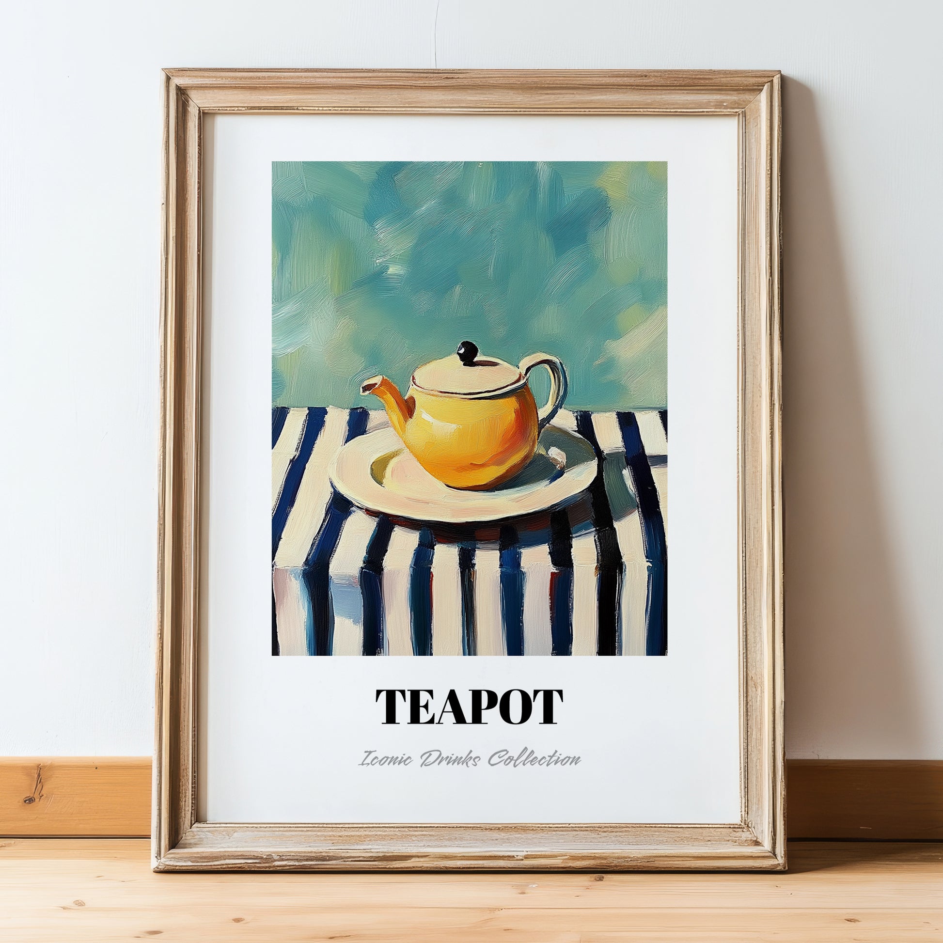 Teapot – on Striped Tablecloth, Kitchen Utensils Painting, in wooden frame leaning on the floor