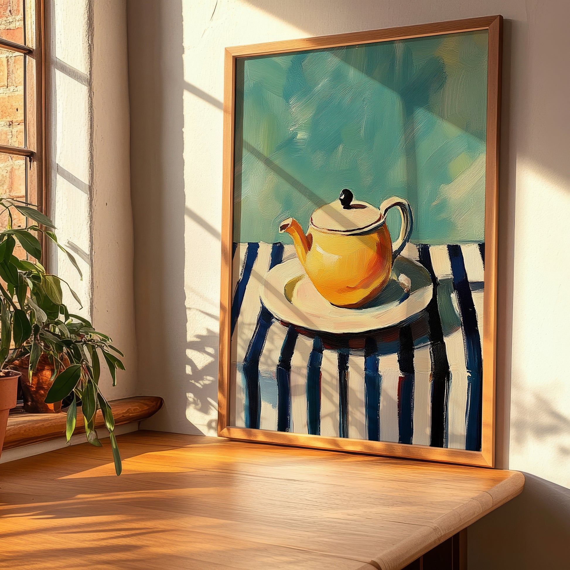 Teapot – on Striped Tablecloth, Kitchen Utensils Painting, clean layout with no caption