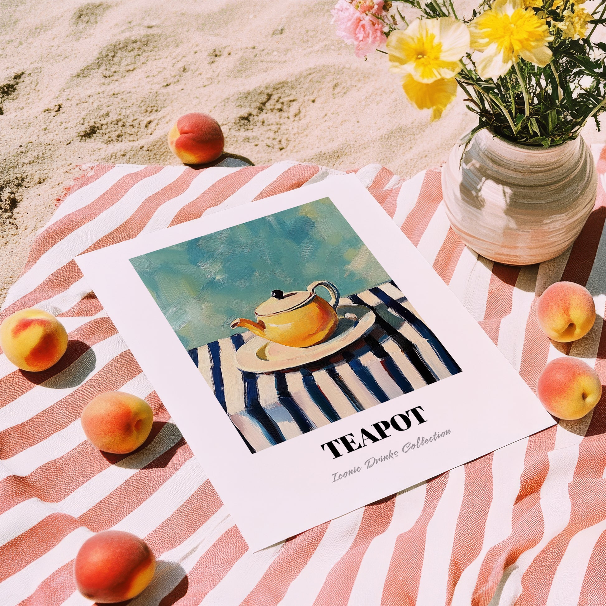 Teapot – on Striped Tablecloth, Kitchen Utensils Painting, unframed on coastal sand