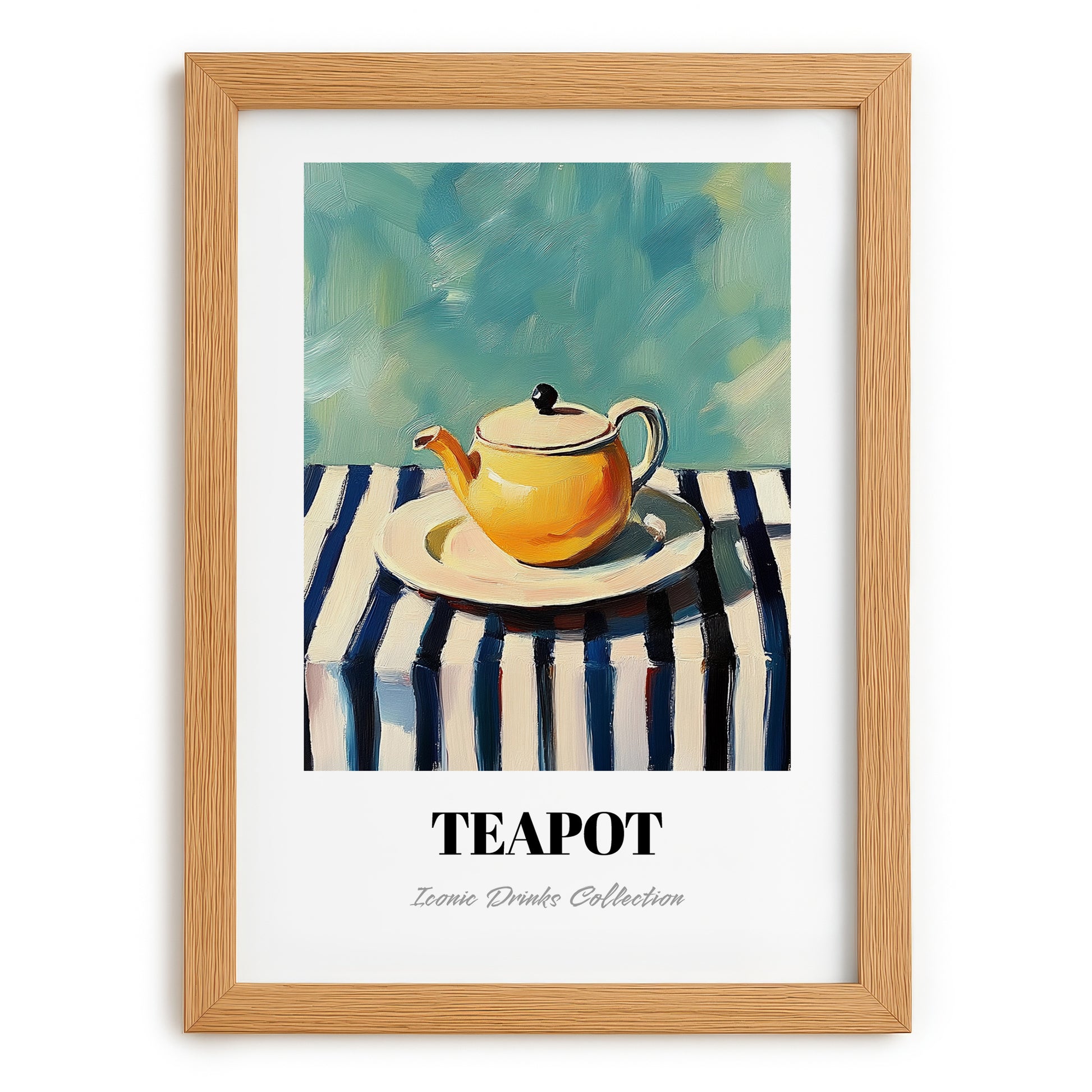 Teapot – on Striped Tablecloth, Kitchen Utensils Painting, set in oak frame