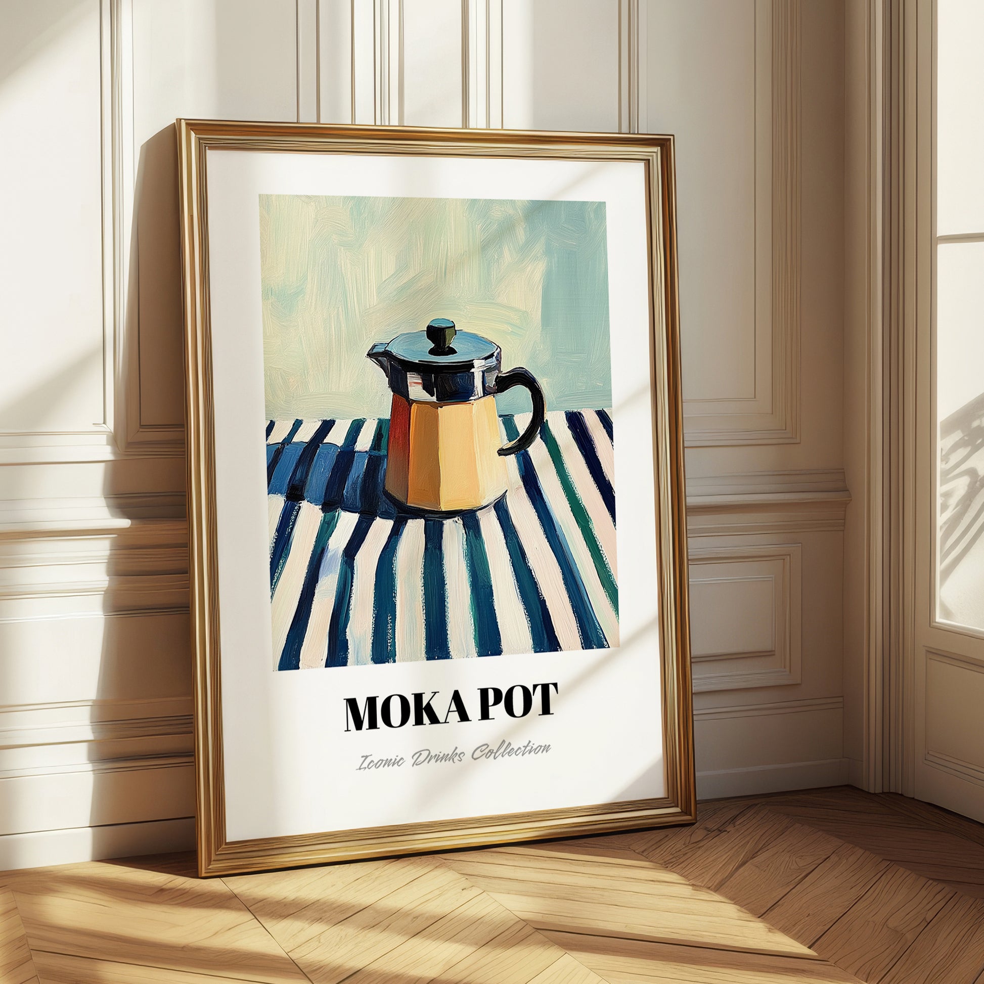 Moka Pot – on Striped Tablecloth, Kitchen Utensils Poster