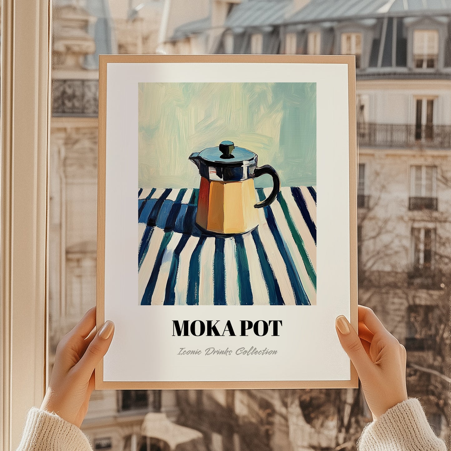 Moka Pot – on Striped Tablecloth, Kitchen Utensils Poster, styled in a charming Paris street view
