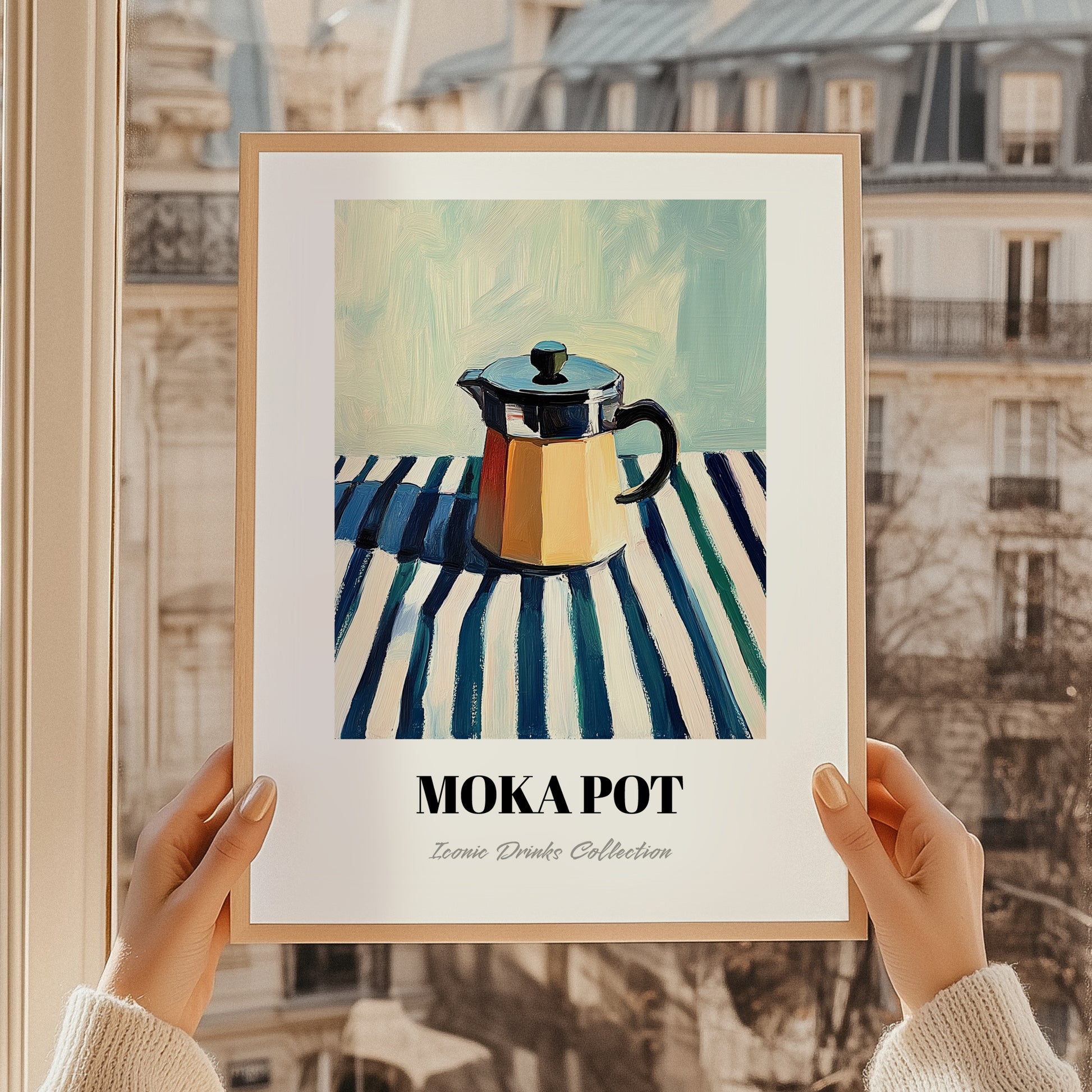 Moka Pot – on Striped Tablecloth, Kitchen Utensils Poster, styled in a charming Paris street view