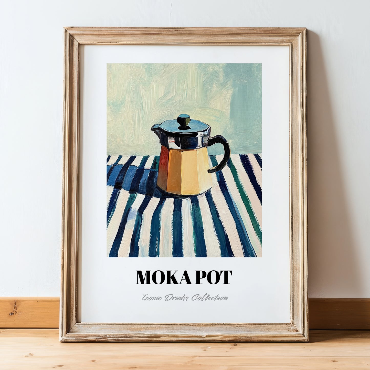 Moka Pot – on Striped Tablecloth, Kitchen Utensils Poster, in wooden frame leaning on the floor