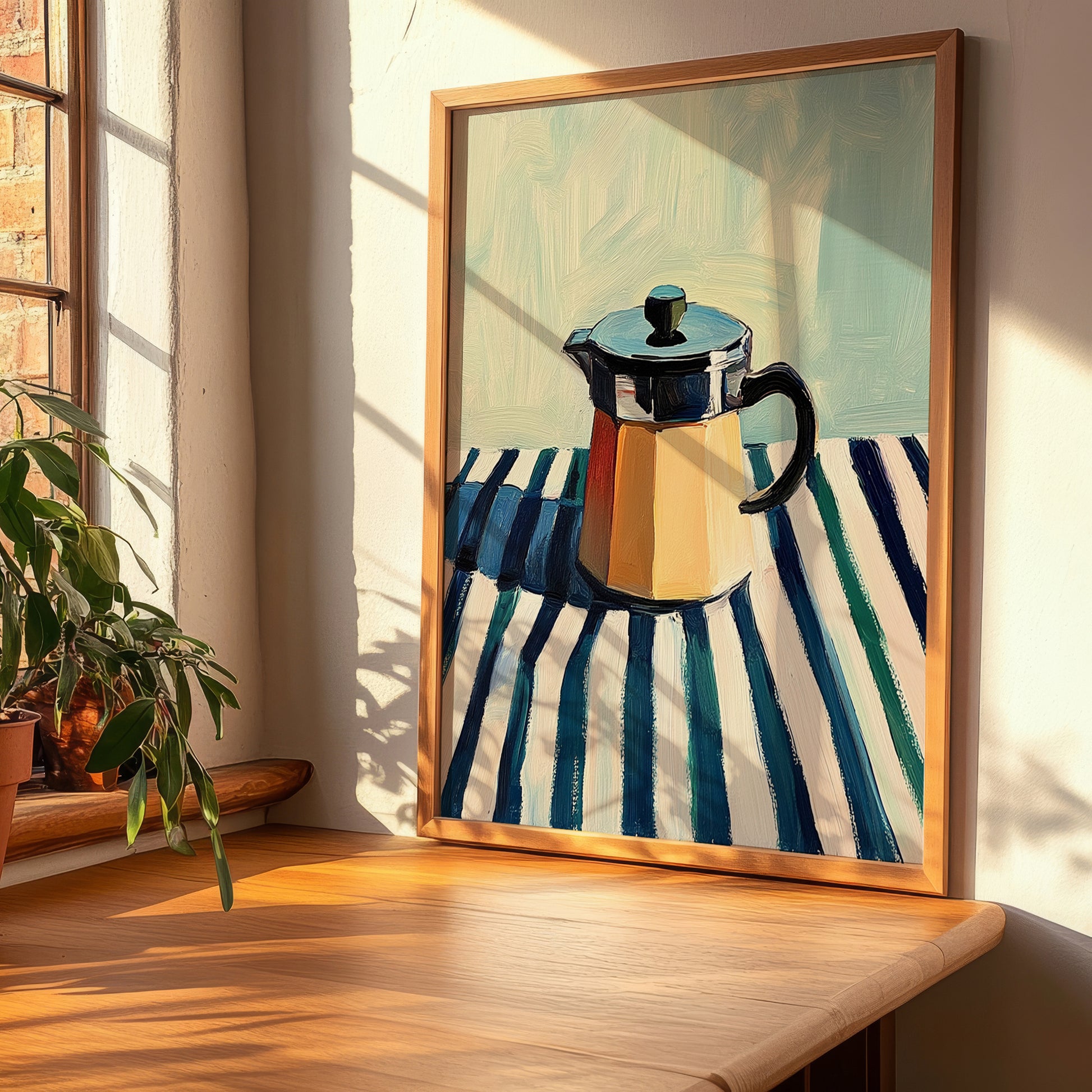 Moka Pot – on Striped Tablecloth, Kitchen Utensils Poster, clean layout with no caption