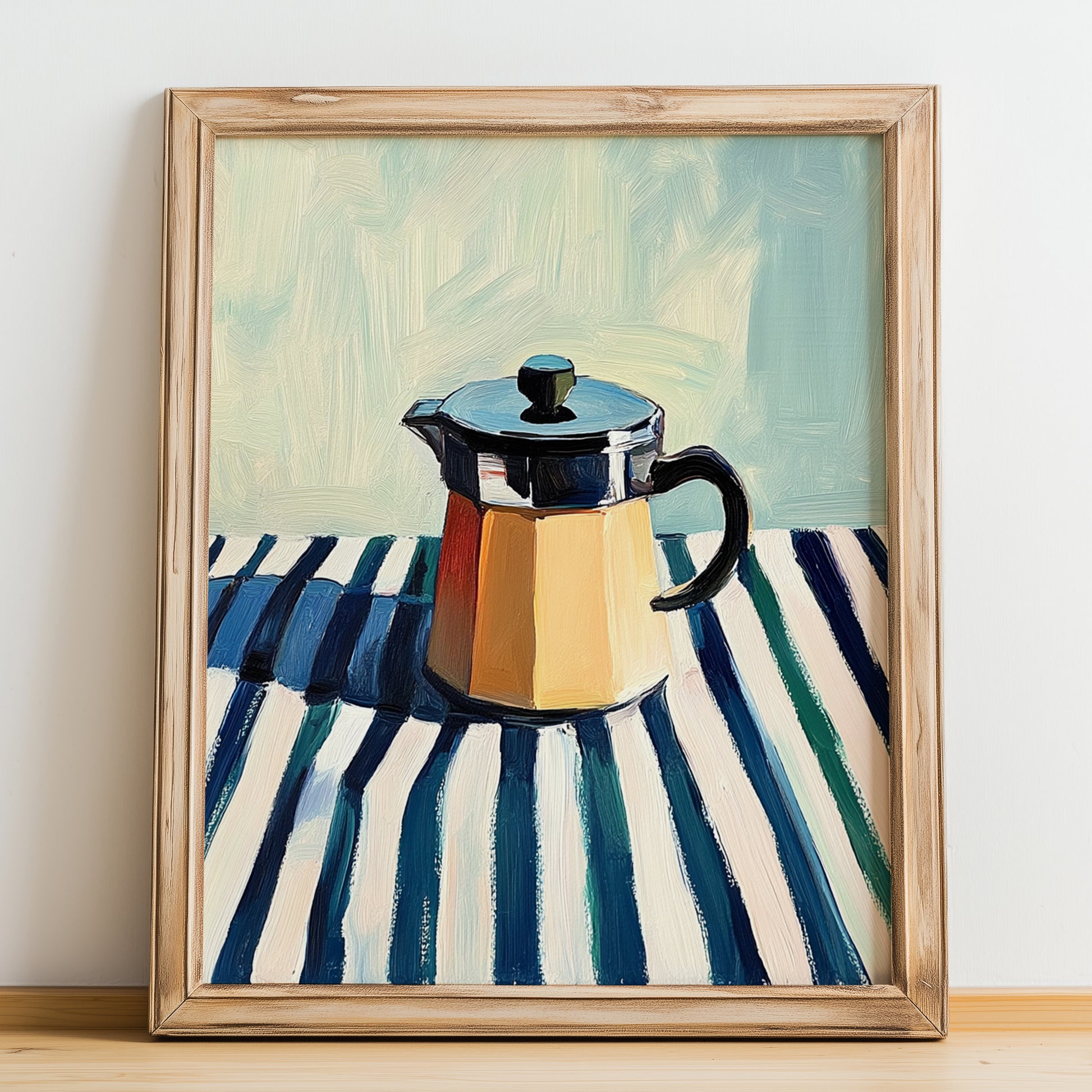 Moka Pot – on Striped Tablecloth, Kitchen Utensils Poster, no-text version framed in wood