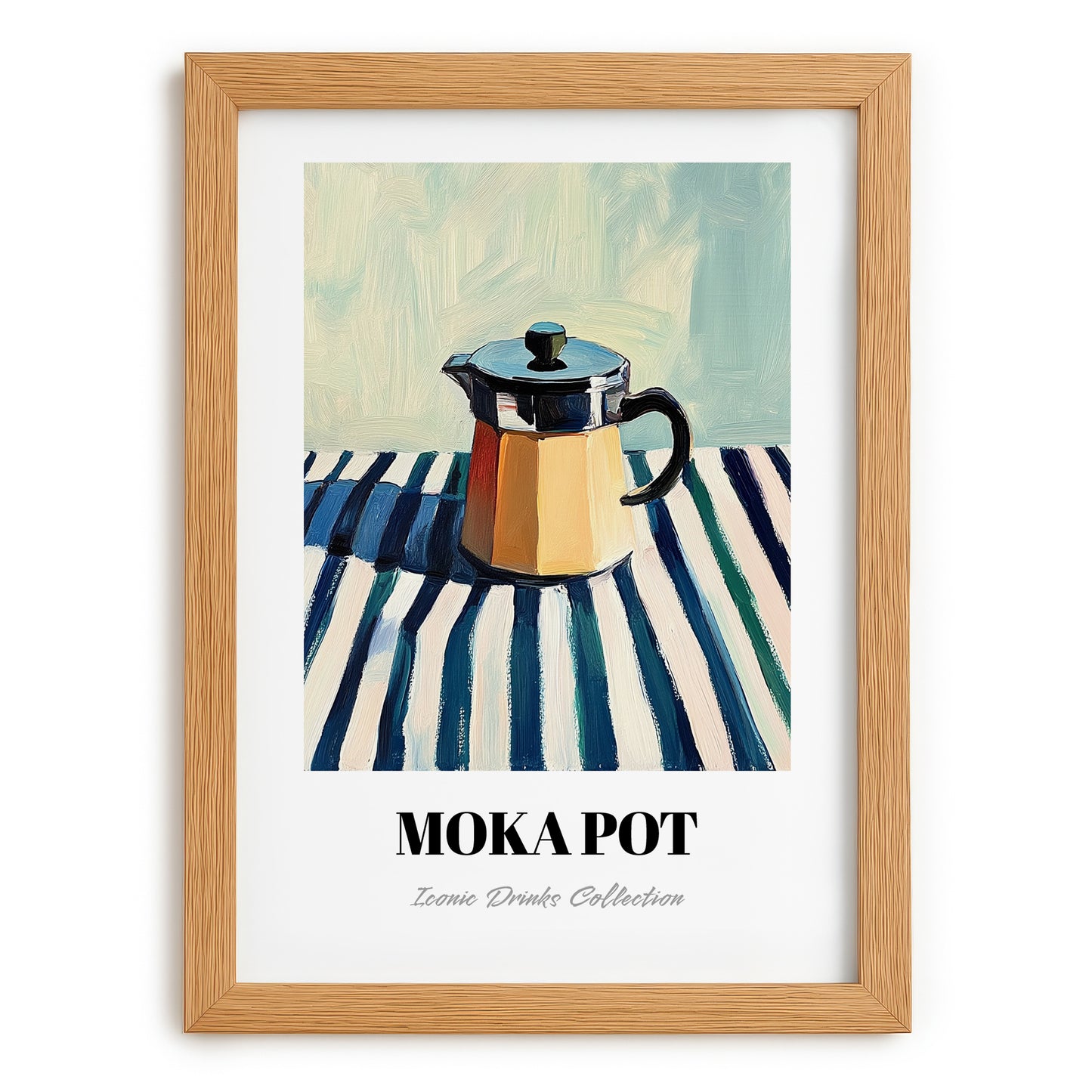 Moka Pot – on Striped Tablecloth, Kitchen Utensils Poster, set in oak frame