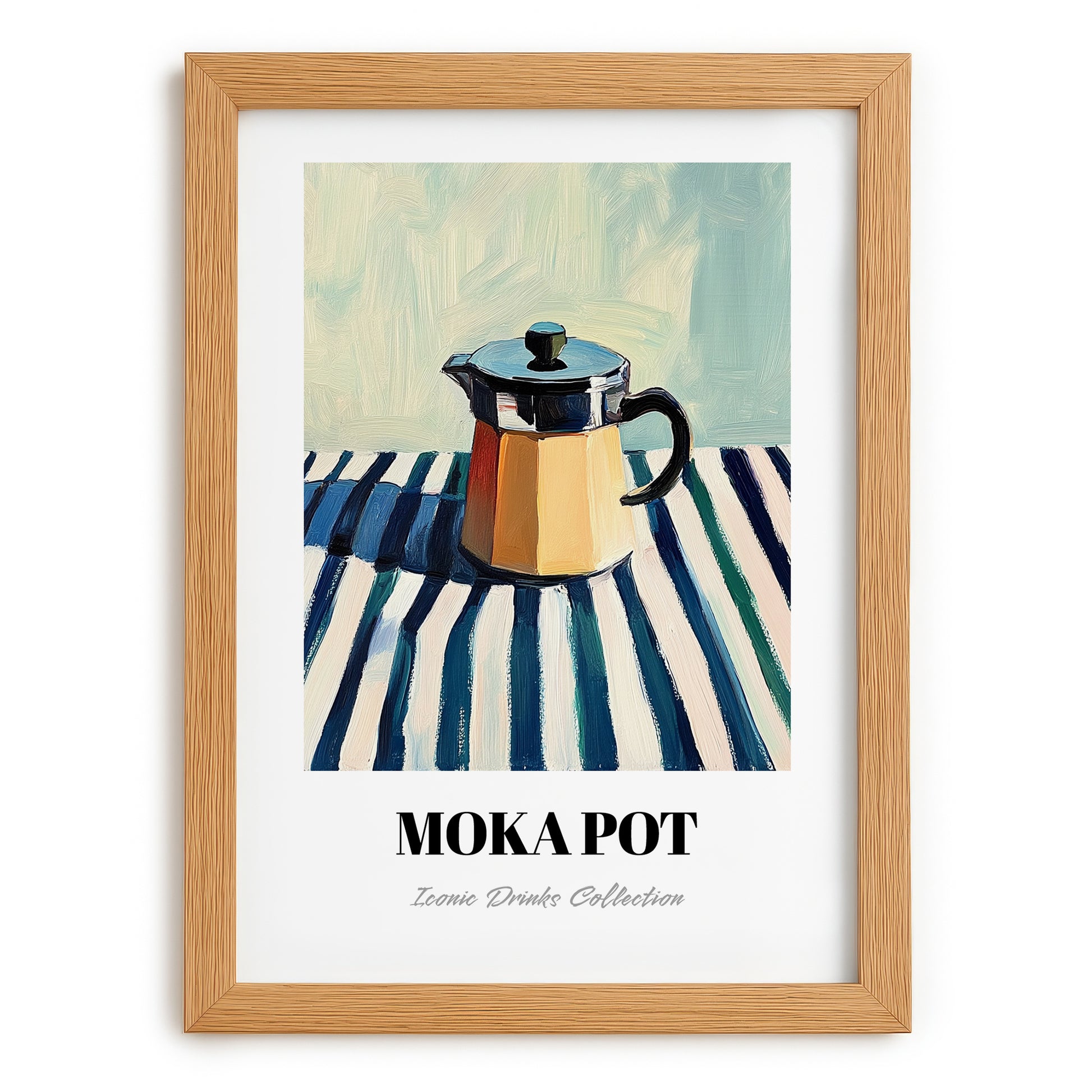 Moka Pot – on Striped Tablecloth, Kitchen Utensils Poster, set in oak frame