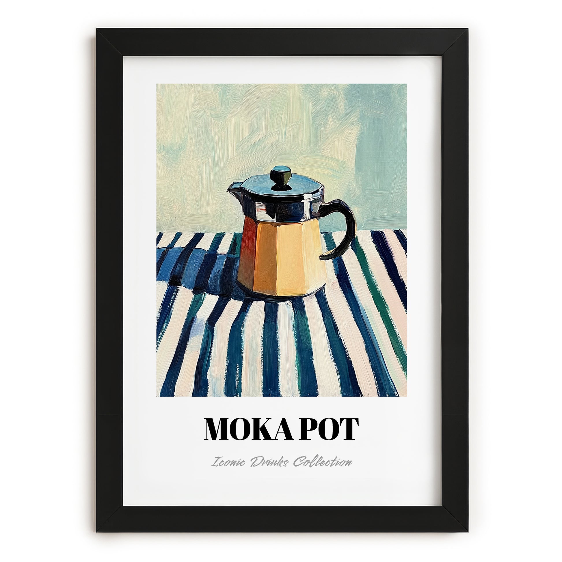 Moka Pot – on Striped Tablecloth, Kitchen Utensils Poster, in sleek black frame
