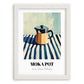 Moka Pot – on Striped Tablecloth, Kitchen Utensils Poster, placed in minimal white frame