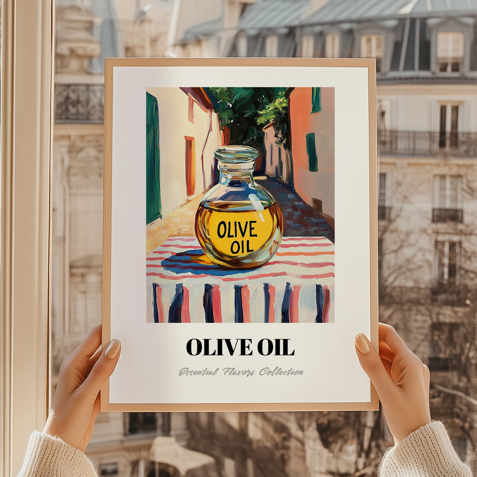 Olive Oil – Italian Street Café Scene, Food Shelf Wall Art, styled in a charming Paris street view