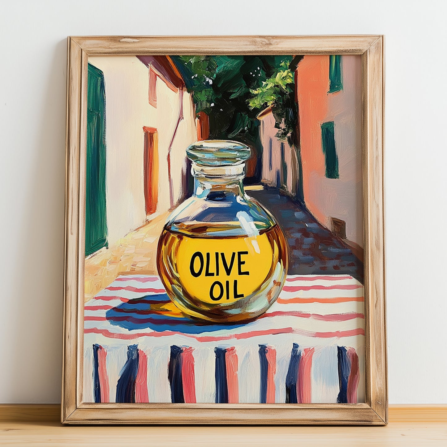 Olive Oil – Italian Street Café Scene, Food Shelf Wall Art, no-text version framed in wood