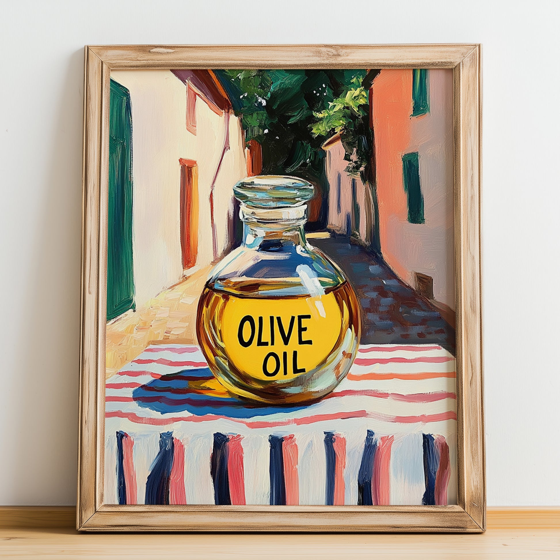 Olive Oil – Italian Street Café Scene, Food Shelf Wall Art, no-text version framed in wood
