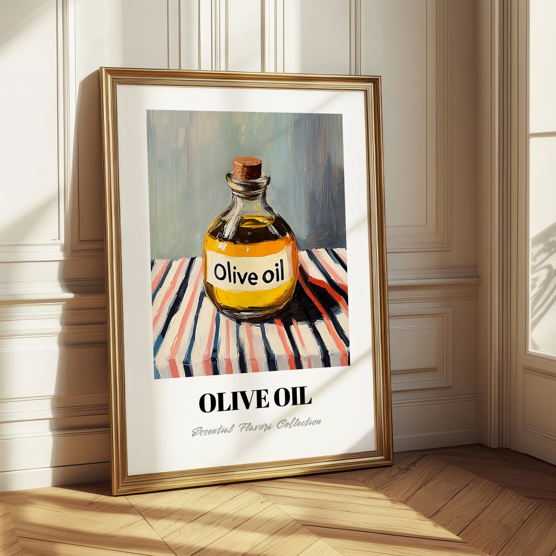 Olive Oil – on Striped Tablecloth, Pantry Poster
