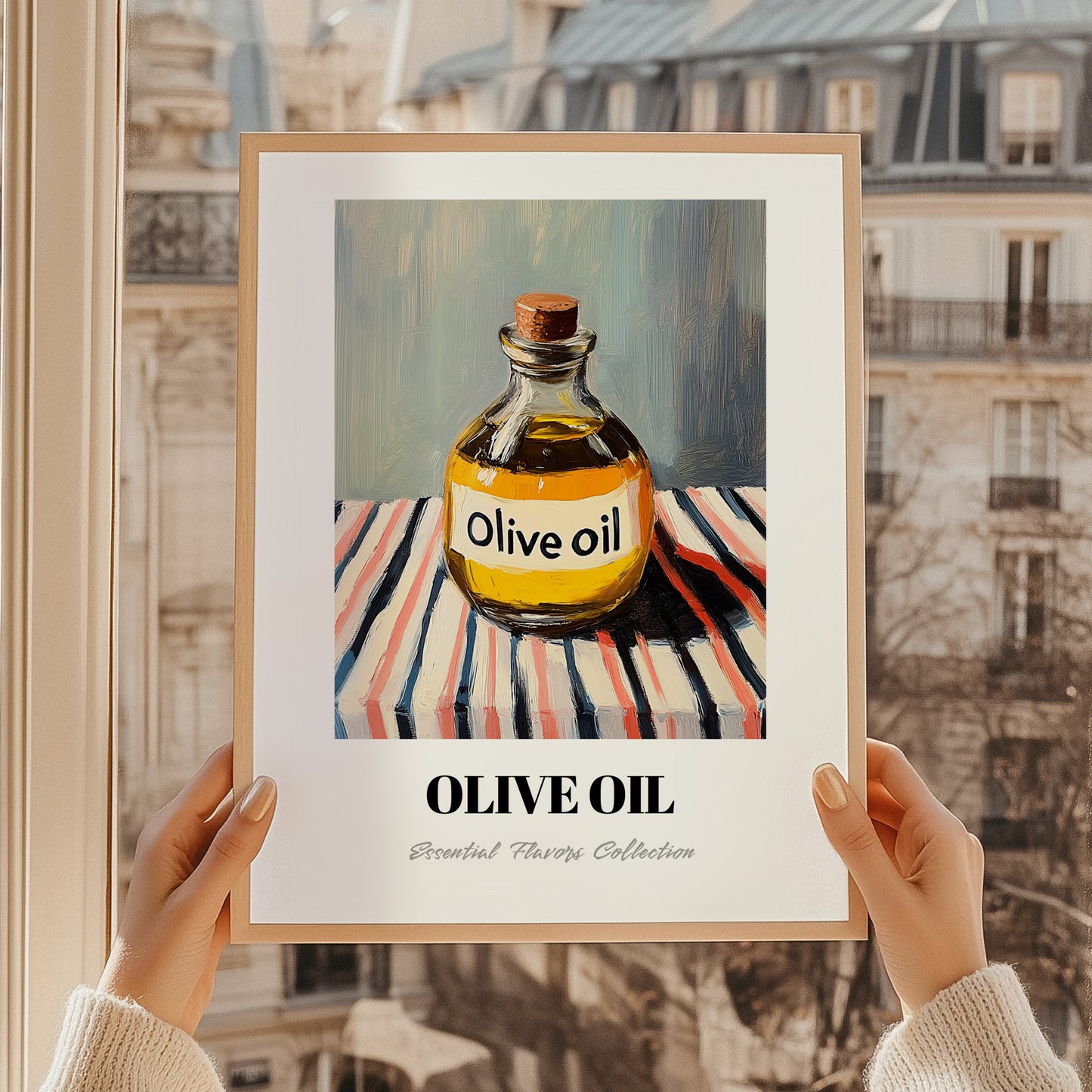 Olive Oil – on Striped Tablecloth, Pantry Poster, styled in a charming Paris street view
