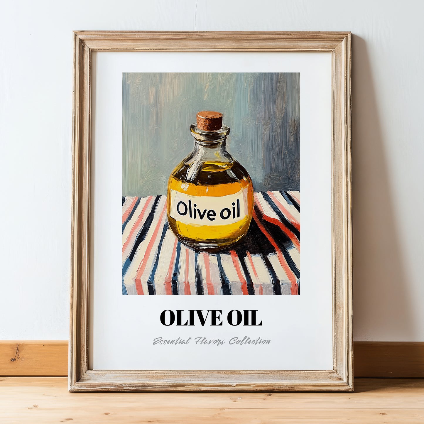 Olive Oil – on Striped Tablecloth, Pantry Poster, in wooden frame leaning on the floor