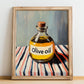 Olive Oil – on Striped Tablecloth, Pantry Poster, no-text version framed in wood