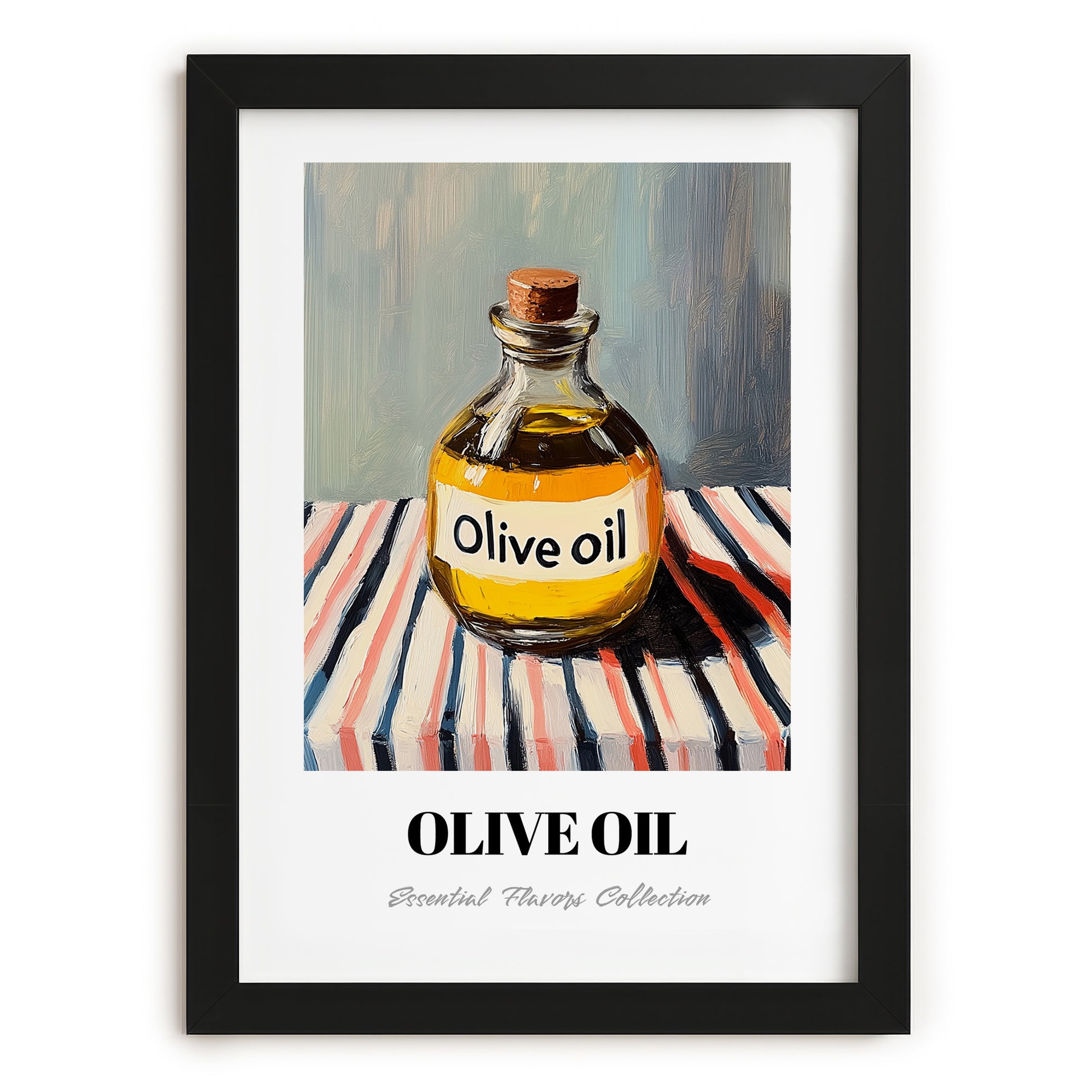 Olive Oil – on Striped Tablecloth, Pantry Poster, in sleek black frame