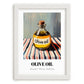 Olive Oil – on Striped Tablecloth, Pantry Poster, placed in minimal white frame
