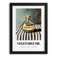 Vegetable Oil – on Striped Tablecloth, Pantry Print, in sleek black frame