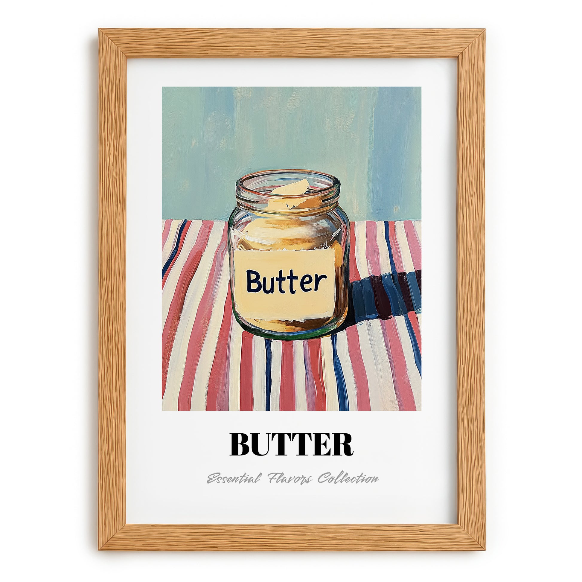 Butter – on Striped Tablecloth, Dry Goods Painting, set in oak frame
