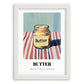 Butter – on Striped Tablecloth, Dry Goods Painting, placed in minimal white frame