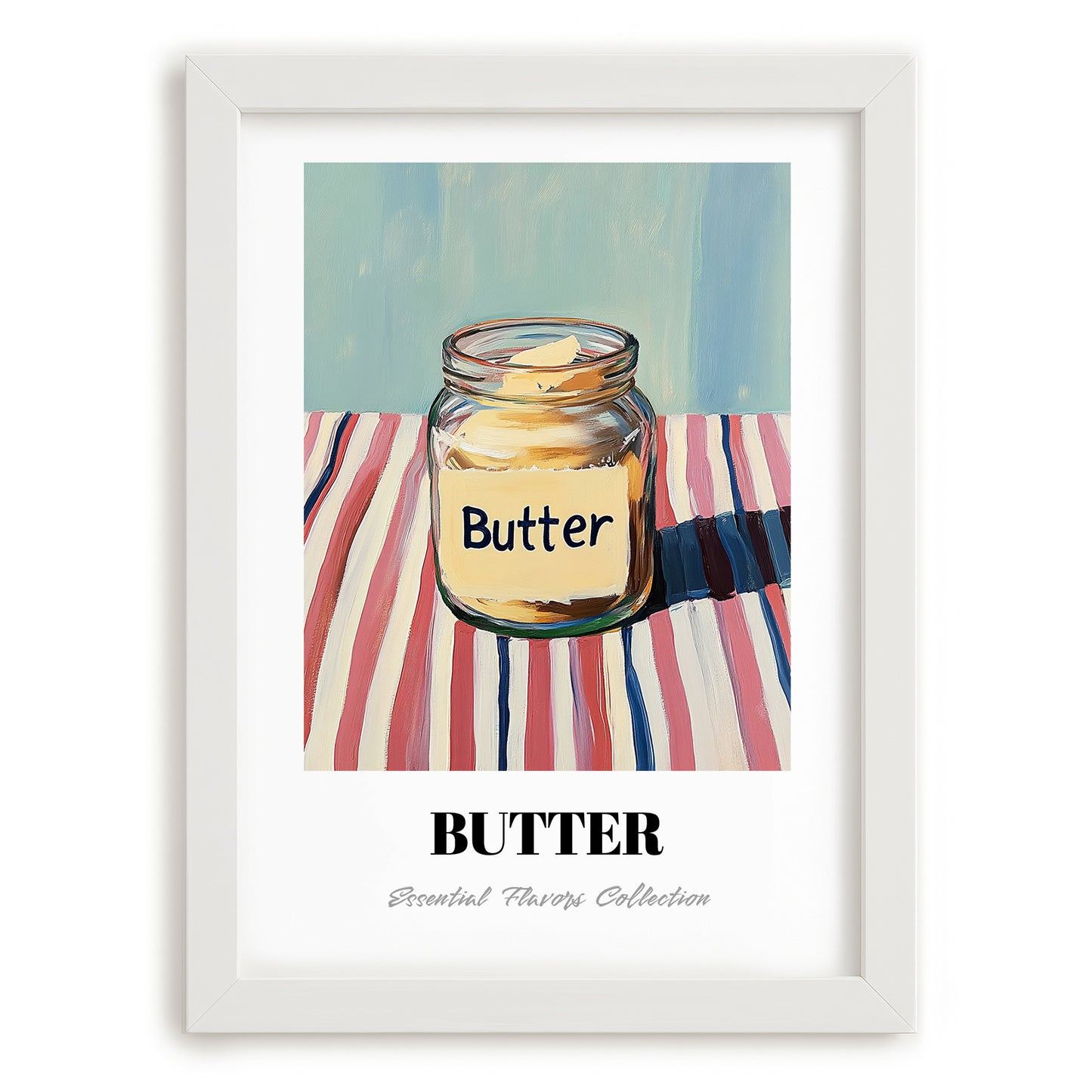 Butter – on Striped Tablecloth, Dry Goods Painting, placed in minimal white frame