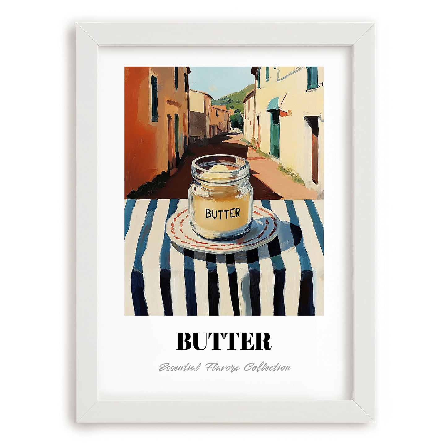 Butter – Italian Café on the Corner, Grocery Still Life, placed in minimal white frame