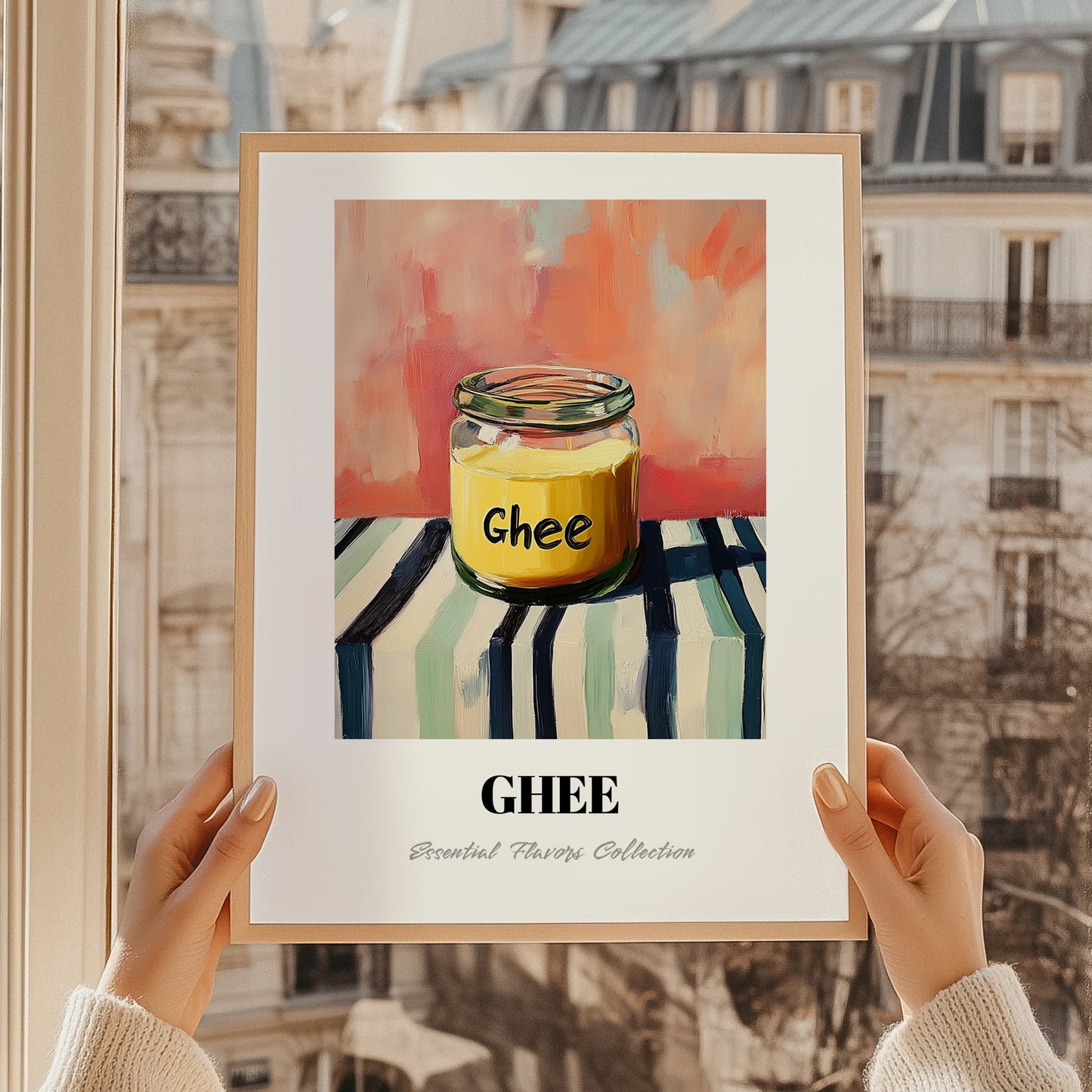 Ghee – on Striped Tablecloth, Ingredients Corner Wall Decor, styled in a charming Paris street view